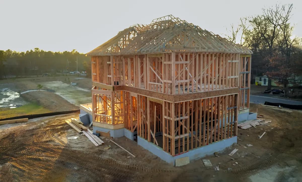 New residential construction framing at sunset